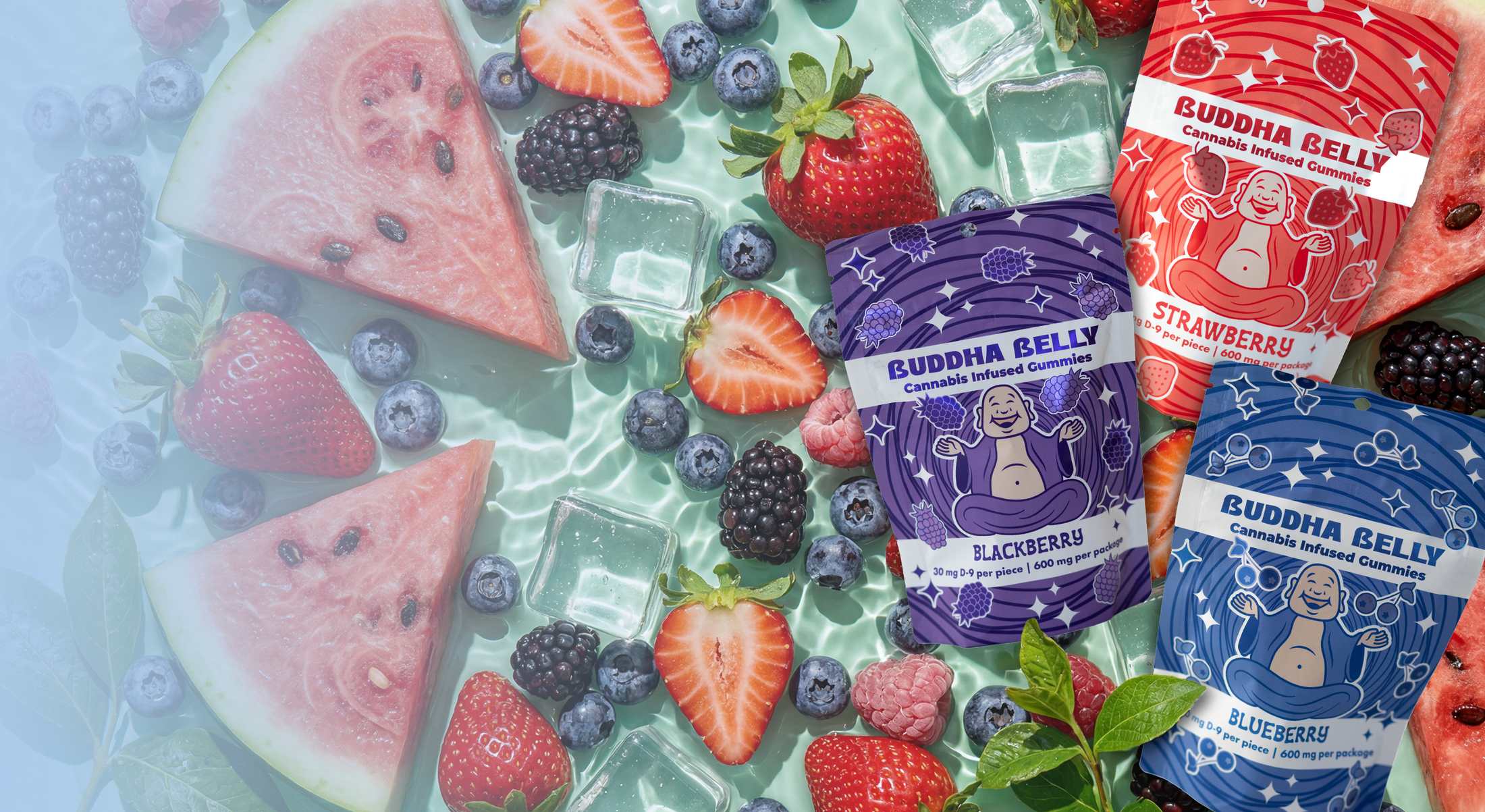 Fruit salad with Buddha Belly gummies product packaging on a colorful background
