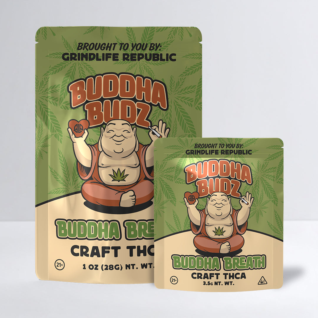 Two packages of Buddha Budz Craft THCA on a light gray background