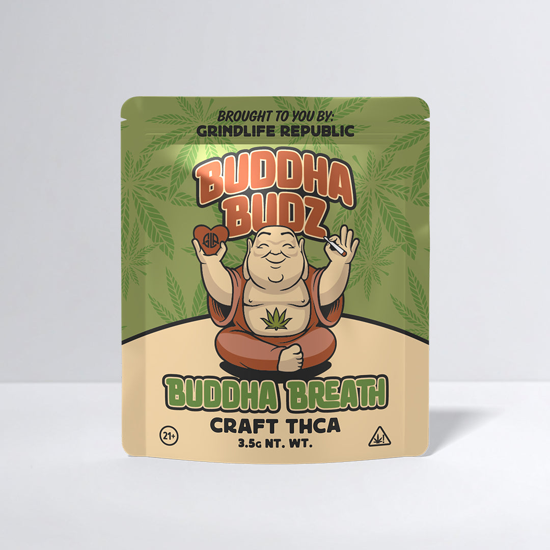 Packaging of Buddha Budz Buddha Breath Craft THCA with cartoon monk design on a light gray background