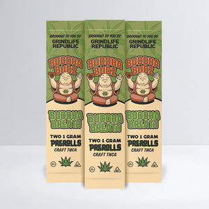 Three packages of Buddha Budz Buddha Breath with cartoon character on a light gray background