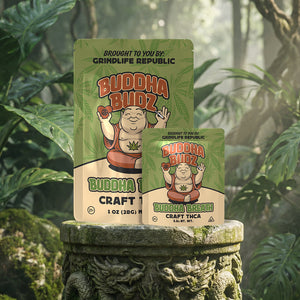 Two packages of Buddha Budz Craft THC on a stone pedestal with a forest background