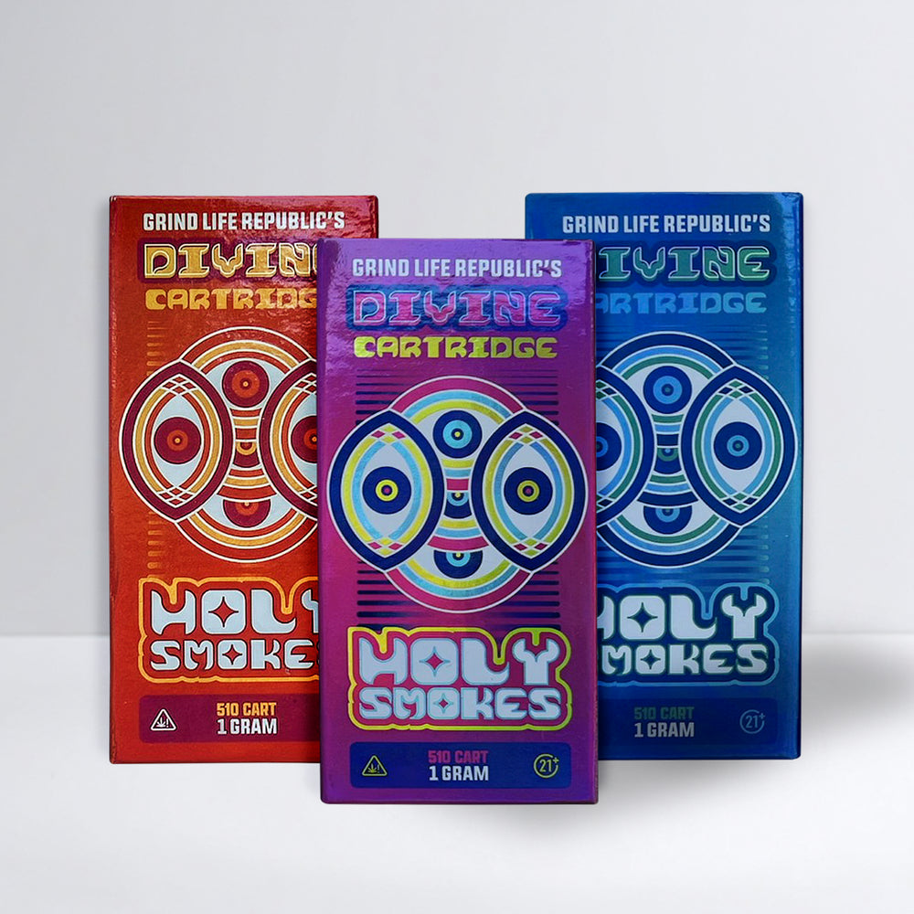 Divine Holy Smokes disposable cartridges in three strains