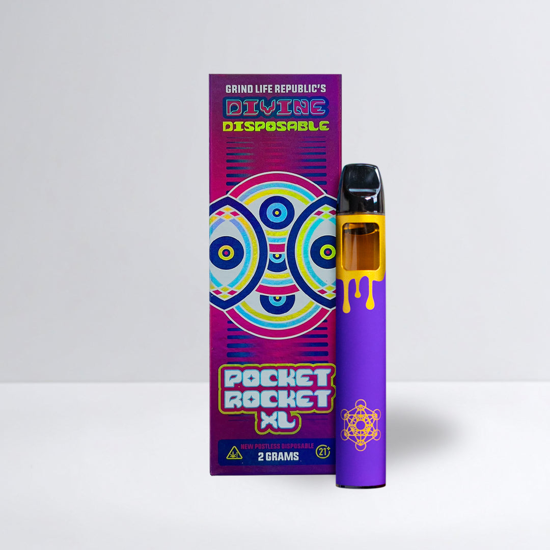 Purple disposable vape device with colorful packaging on a white background