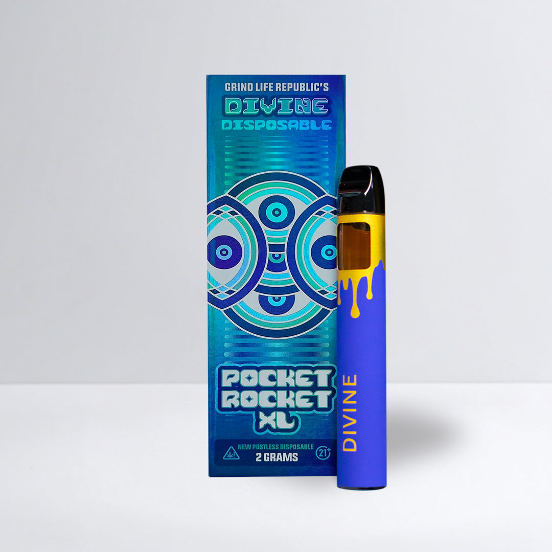 Blue vape pen with 'Divine' branding and packaging on a white background