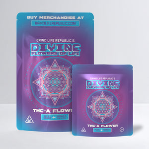 Two packages of 'Divine Flowers of Life' by Grind Life Republic on a light gray background.