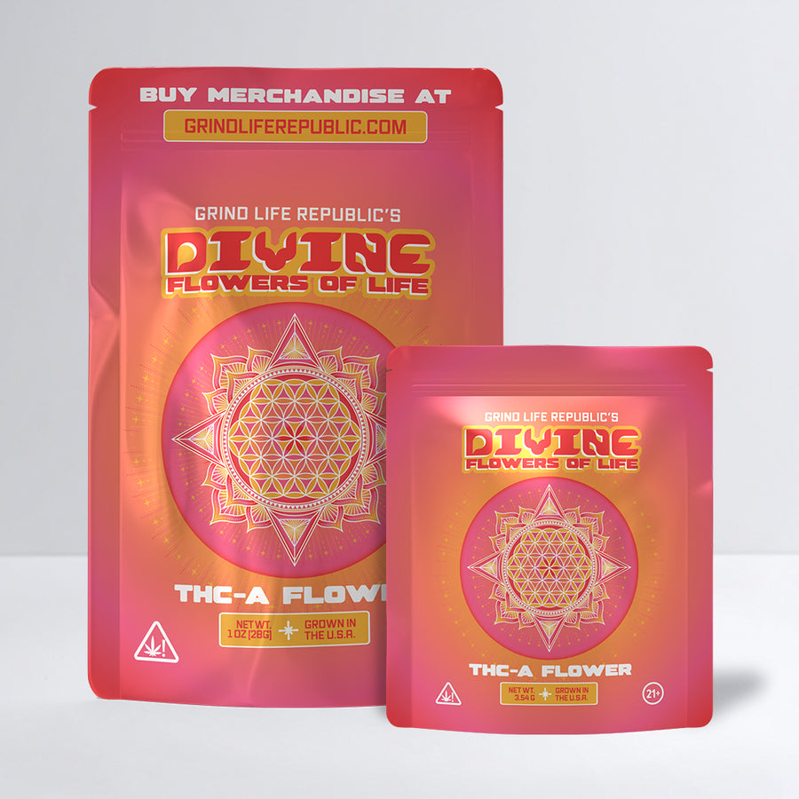 Two 'Divine Flowers of Life' packages with a geometric design on a gray background.