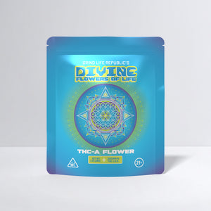 Blue packaging of 'Divine Flowers of Life' THC-A flower on a white background
