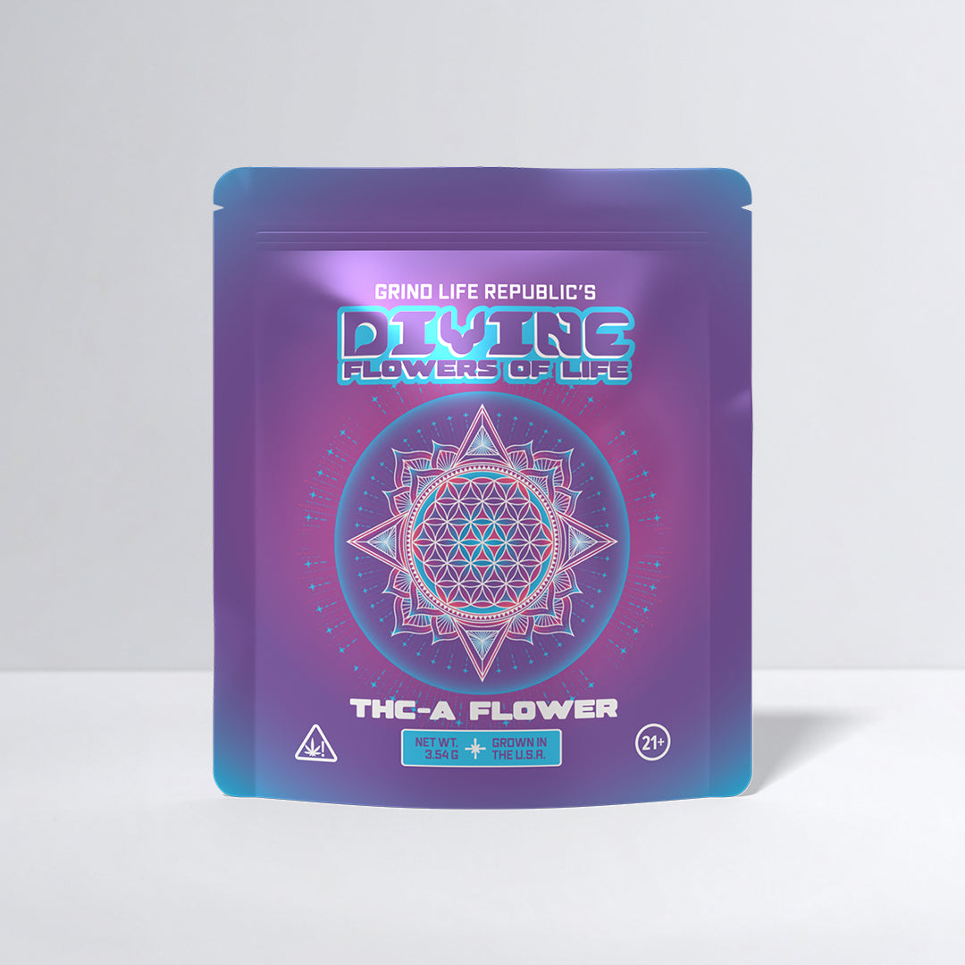 Purple packaging of 'Divine Flowers of Life' with geometric design on a white background