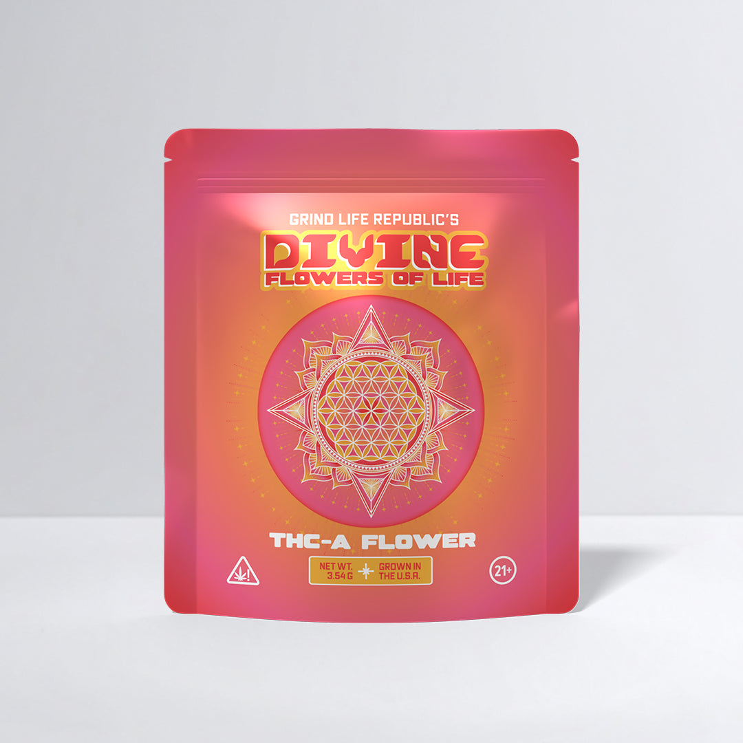 Drug packaging with 'Divine Flowers of Life' branding on a gradient pink and orange background.