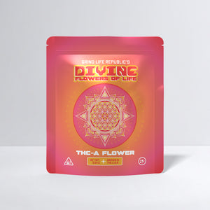 Drug packaging with 'Divine Flowers of Life' branding on a gradient pink and orange background.