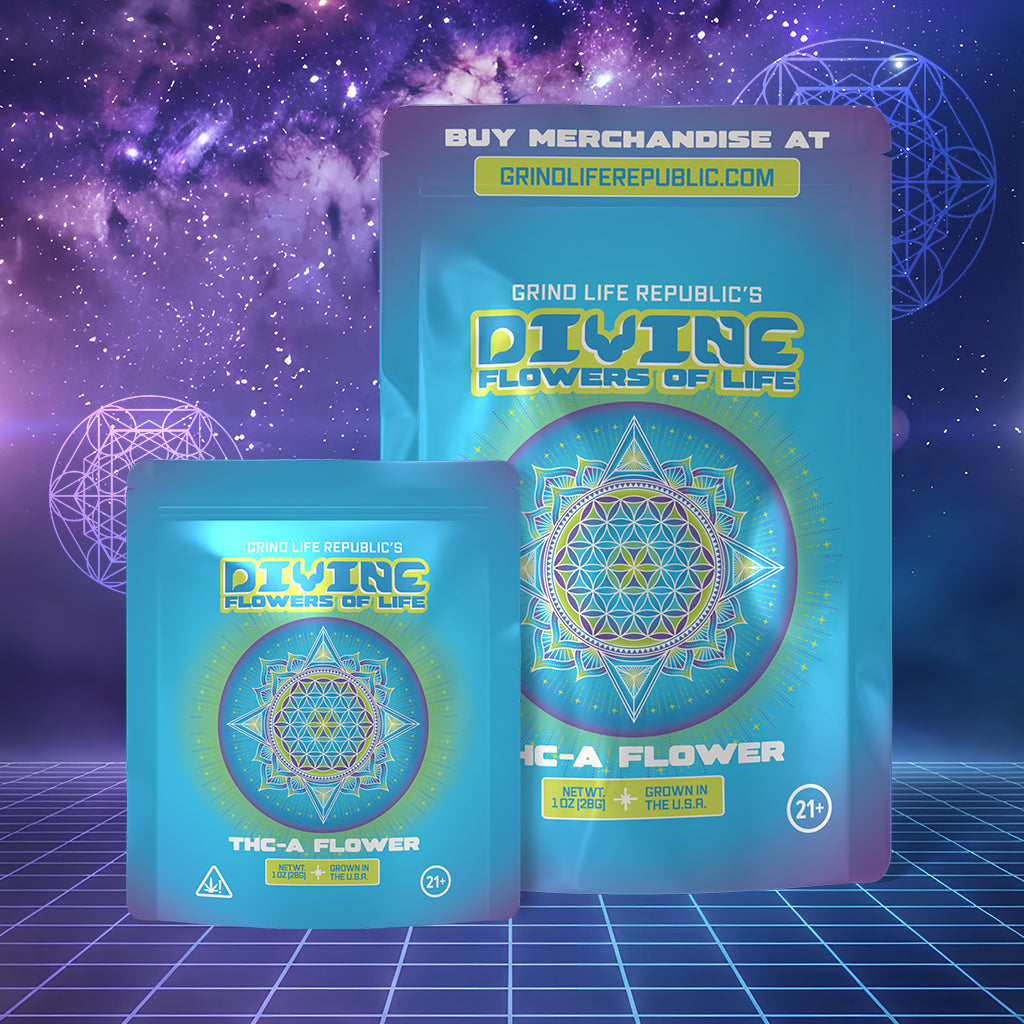 Two packages of 'Divine Flowers of Life' with a cosmic background