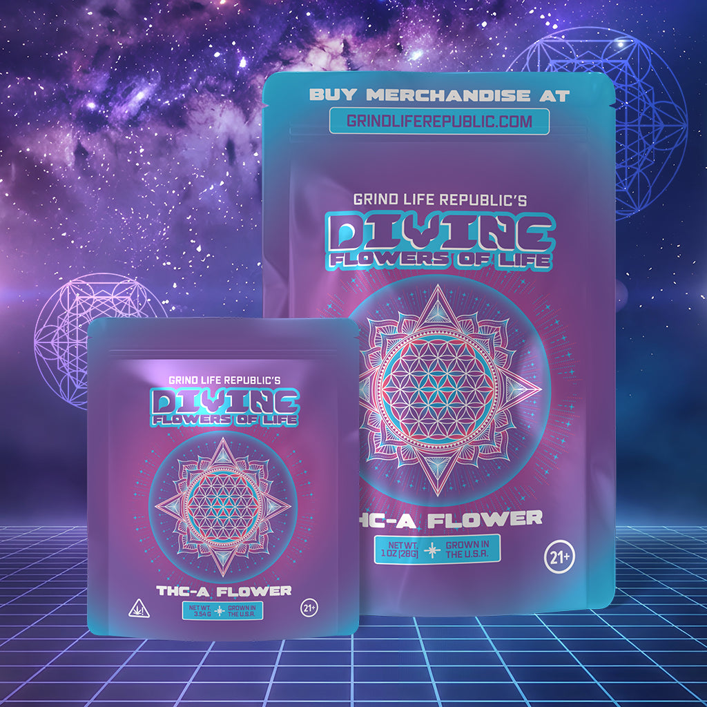 Two packages of 'Divine Flowers of Life' with a cosmic background