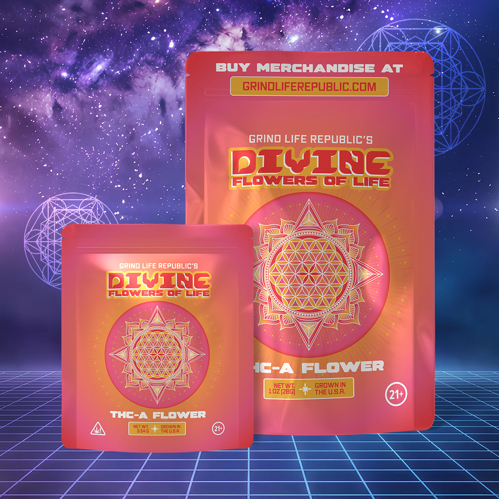 Two packages of 'Divine Flowers of Life' with a cosmic background