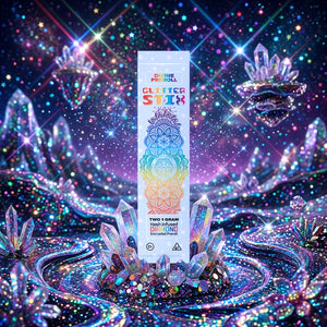 Glitter Stix packaging with colorful design on a fantasy-themed background with crystals and stars.