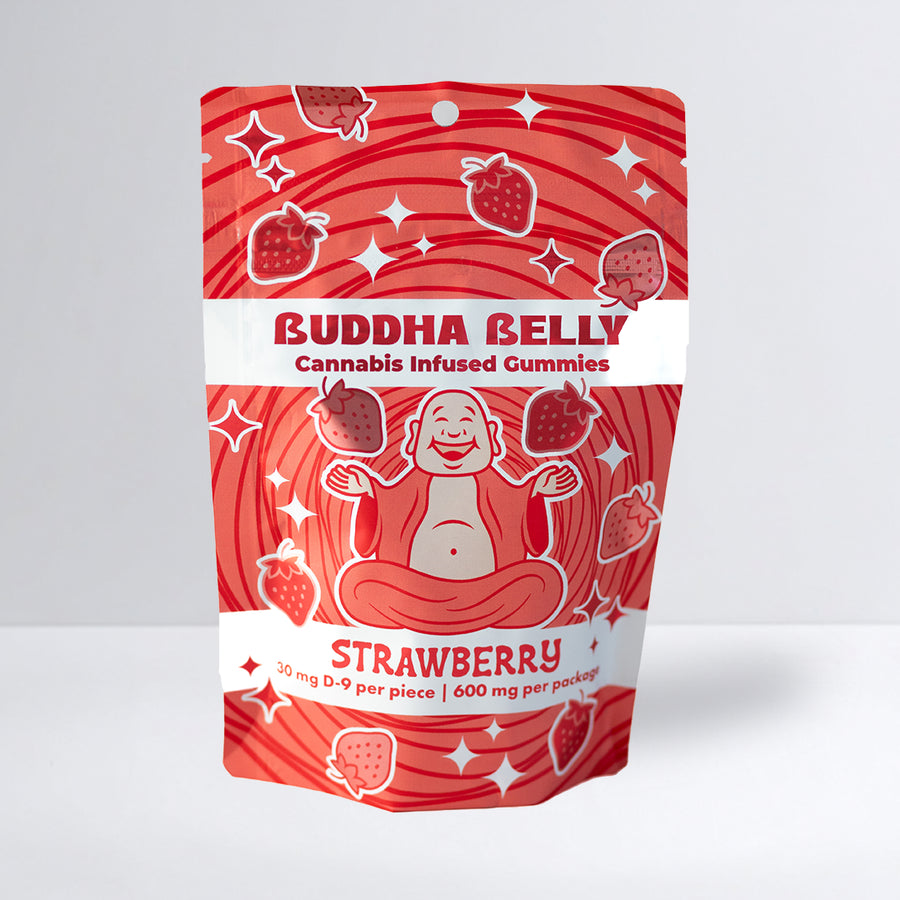 Red package of Buddha Belly Strawberry cannabis-infused gummies on a white background