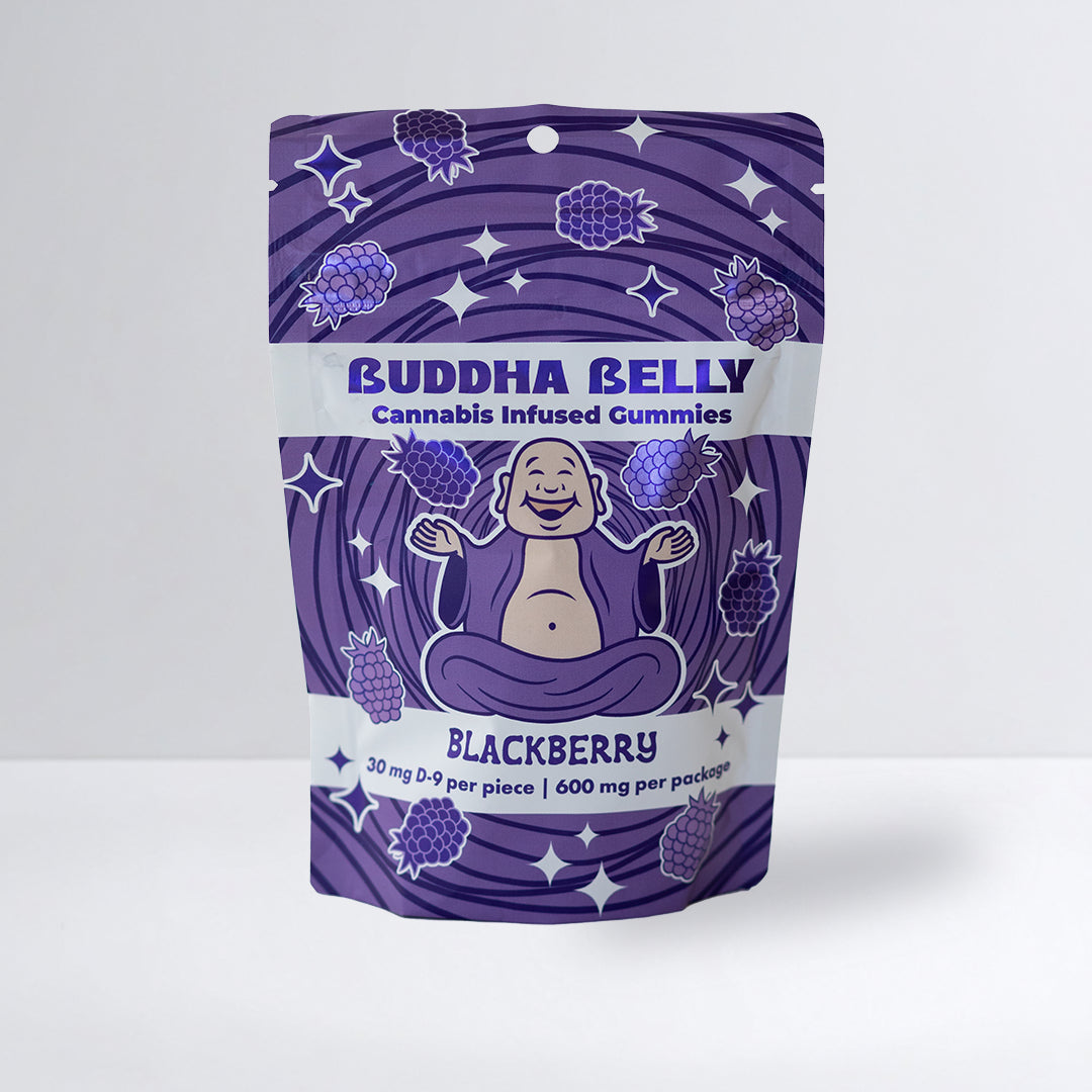 Purple packaging of Buddha Belly Blackberry cannabis-infused gummies on a white background