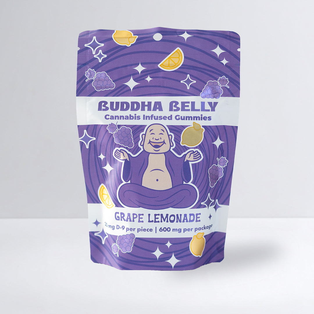Purple packaging of Buddha Belly Blackberry cannabis-infused gummies on a white background