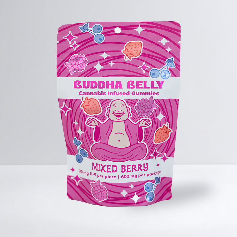 Pink packaging of Buddha Belly mixed berry cannabis-infused gummies on a white background