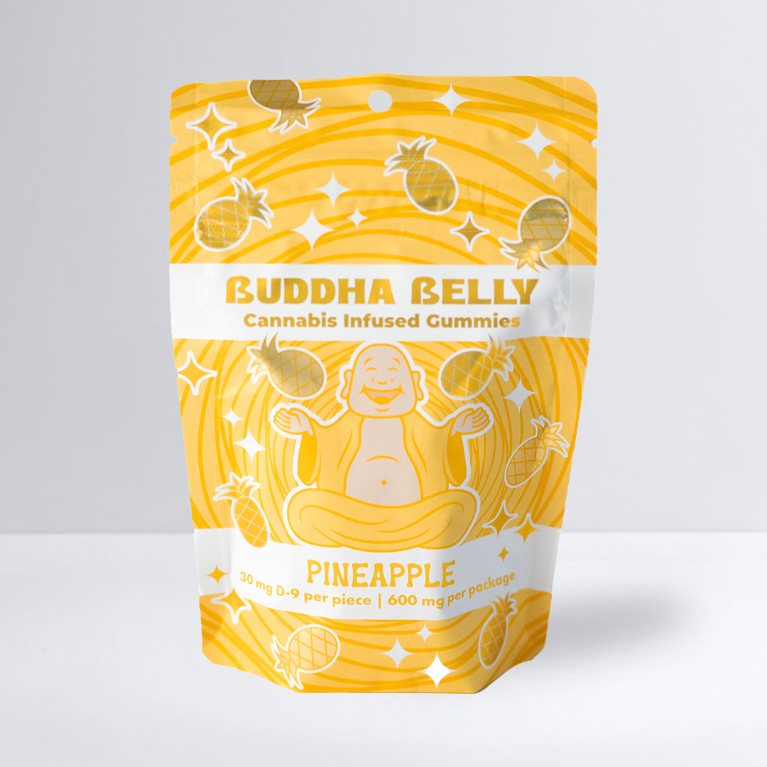 Packaging of Buddha Belly Pineapple cannabis-infused gummies on a white background