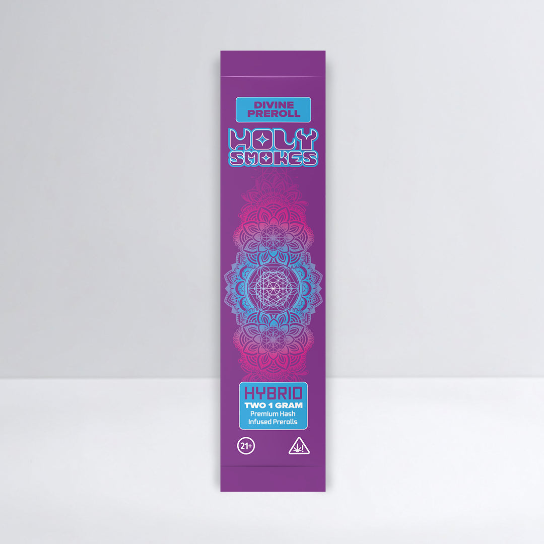 Purple packaging of Holy Smokes with mandala design on a white background