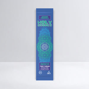 Blue packaging of Holy Smokes Divine Preroll with intricate design on a white background