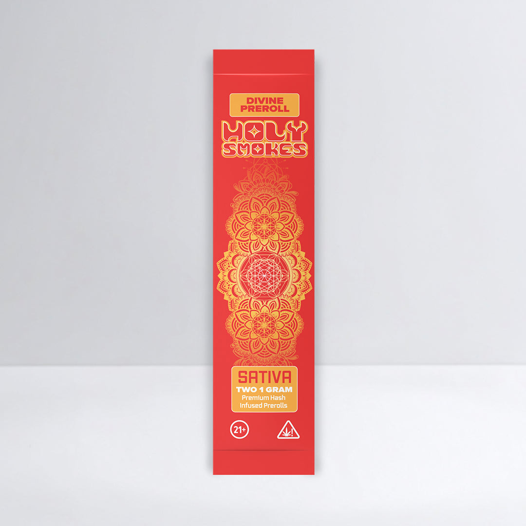 Red packaging of Holy Smokes Divine Pre-Roll with yellow text on a white background