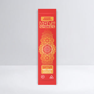 Red packaging of Holy Smokes Divine Pre-Roll with yellow text on a white background