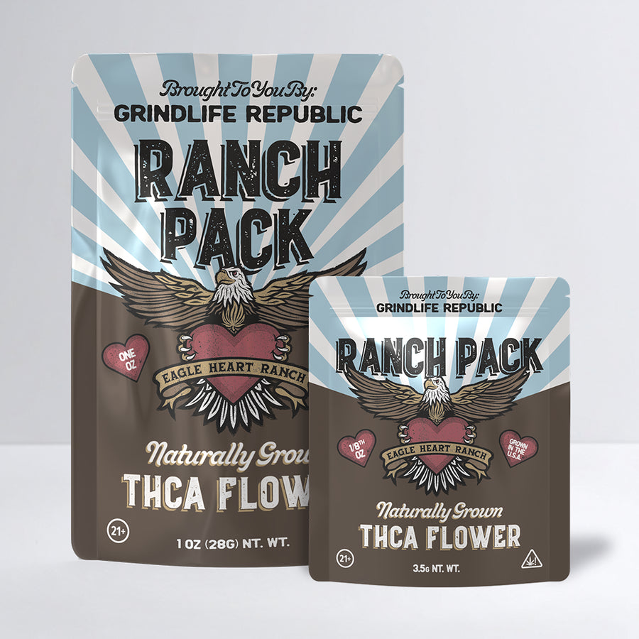 Two packages of Grindlife Republic Ranch Pack THCA flower on a light gray background