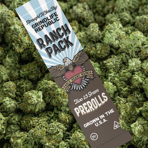 Grindlife Republic Ranch Pack prerolls on a bed of cannabis buds