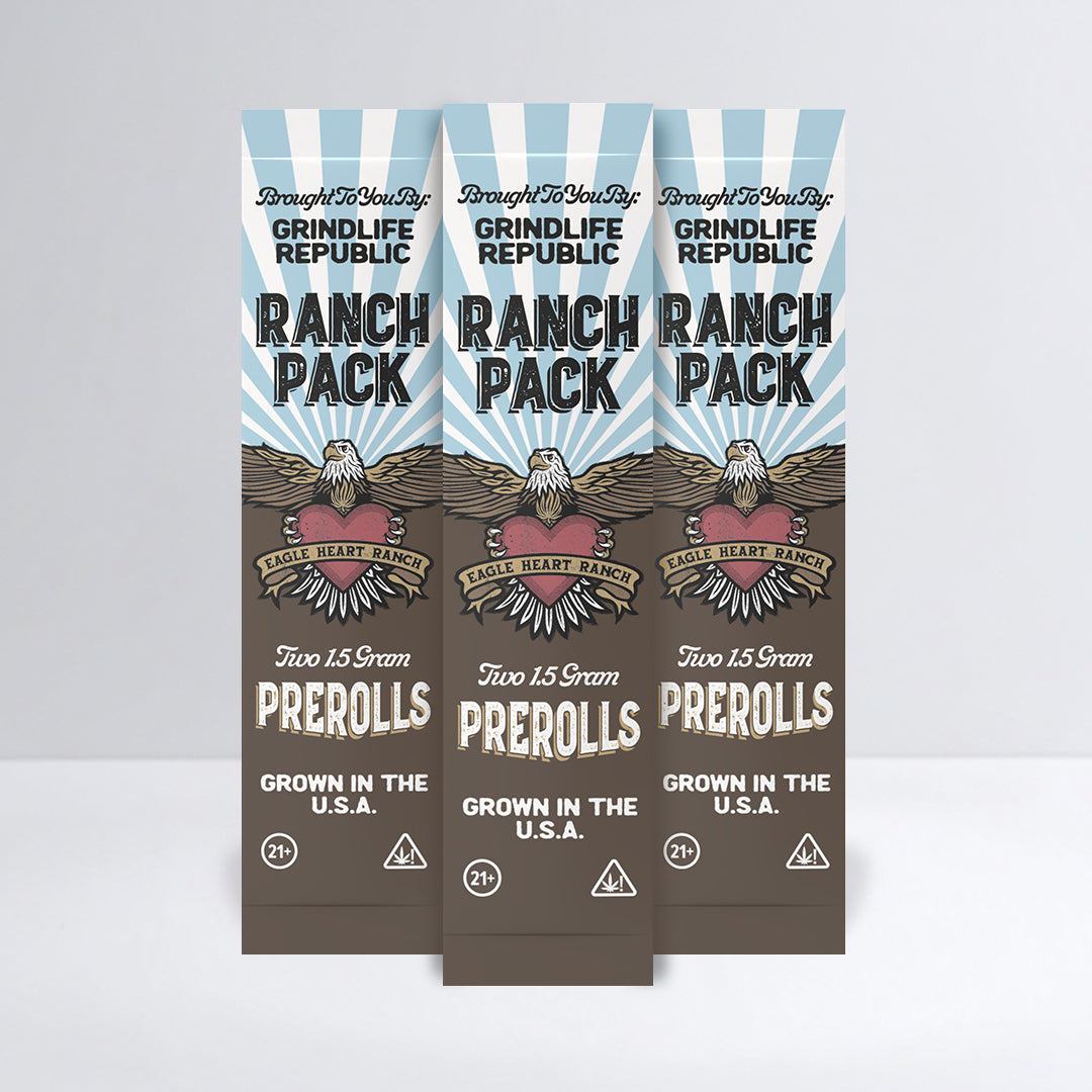Three 'Ranch Pack' pre-roll packages from Grindlife Republic on a light gray background.