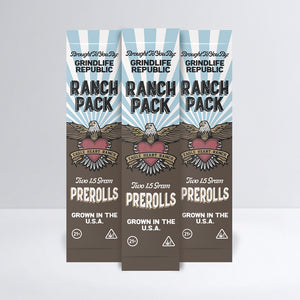 Three 'Ranch Pack' pre-roll packages from Grindlife Republic on a light gray background.