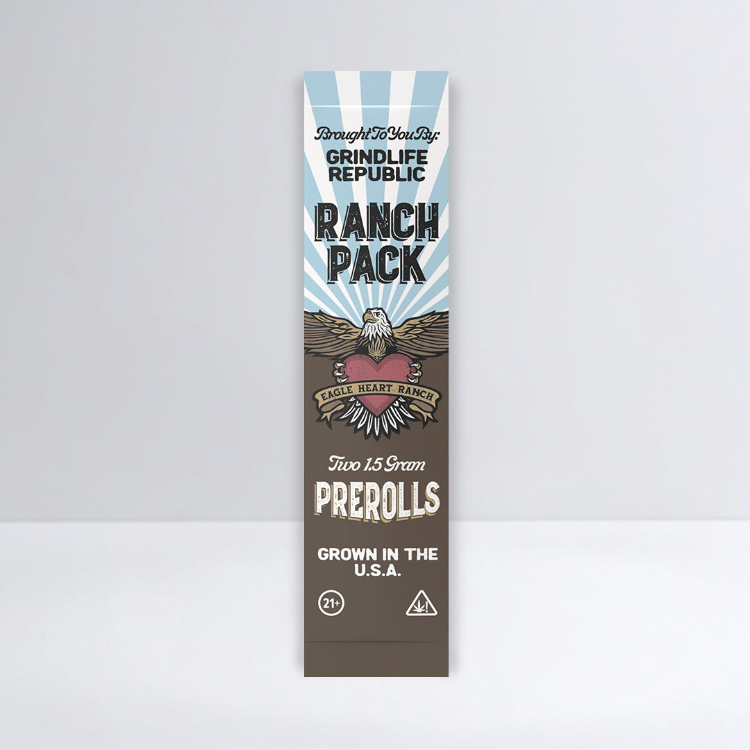 Ranch Pack prerolls packaging with branding on a gray background