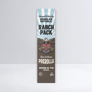 Ranch Pack prerolls packaging with branding on a gray background