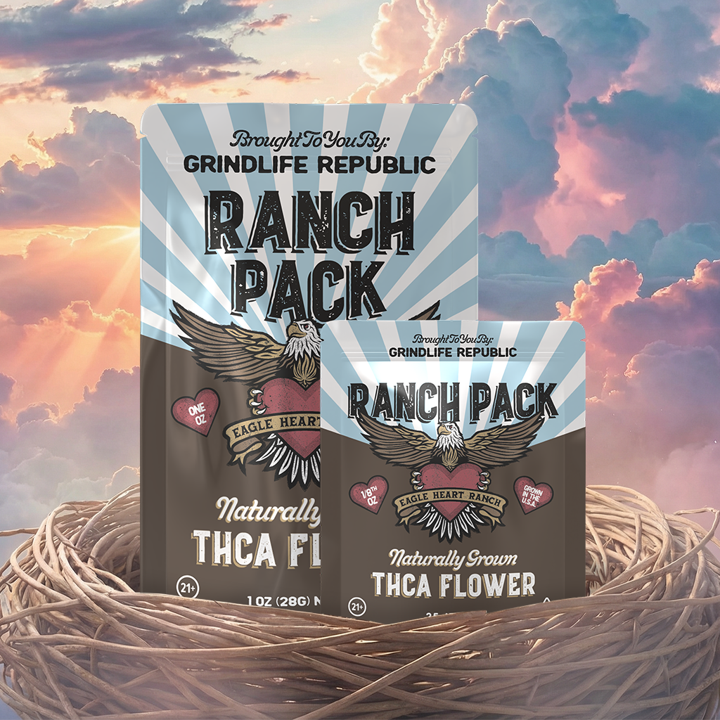 Grindlife Republic Ranch Pack product packaging with a sunset background