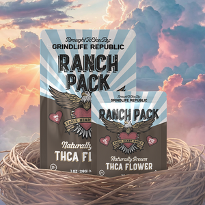 Grindlife Republic Ranch Pack product packaging with a sunset background