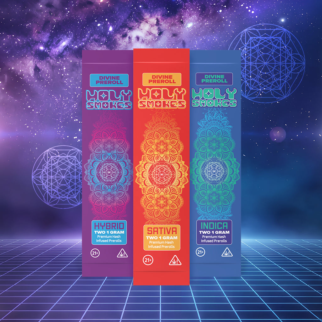 Three 'Holy Smokes' rolling paper packages with colorful designs on a futuristic grid and cosmic background.