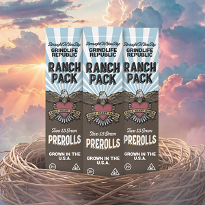 Three packages of Grindlife Republic Ranch Pack prerolls against a colorful sky background.