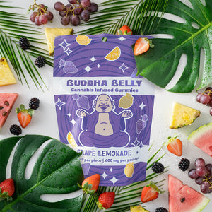 Buddha Belly cannabis-infused gummies packaging with fruits and leaves on a white background