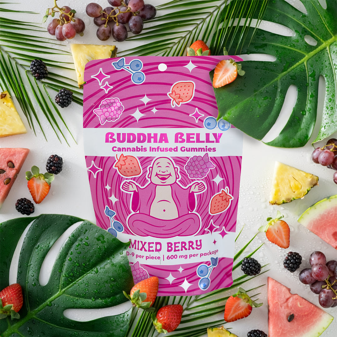 Buddha Belly cannabis-infused gummies packaging with fruit and leaves on a white background