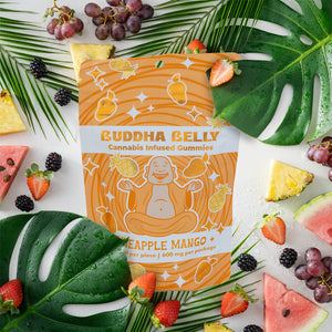Buddha Belly cannabis-infused gummies package with tropical fruits and leaves on a white background