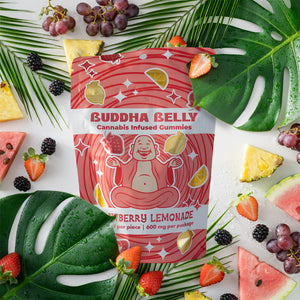 Buddha Belly gummy package surrounded by fruits and leaves
