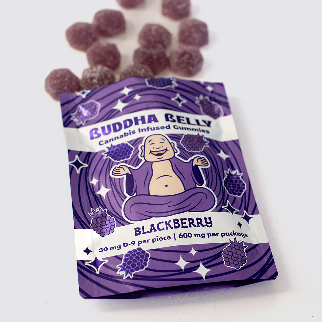 Purple package of Buddha Belly cannabis-infused blackberry gummies on a white background