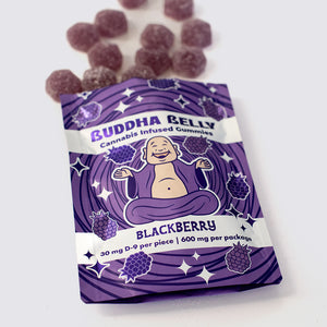Purple package of Buddha Belly cannabis-infused blackberry gummies on a white background
