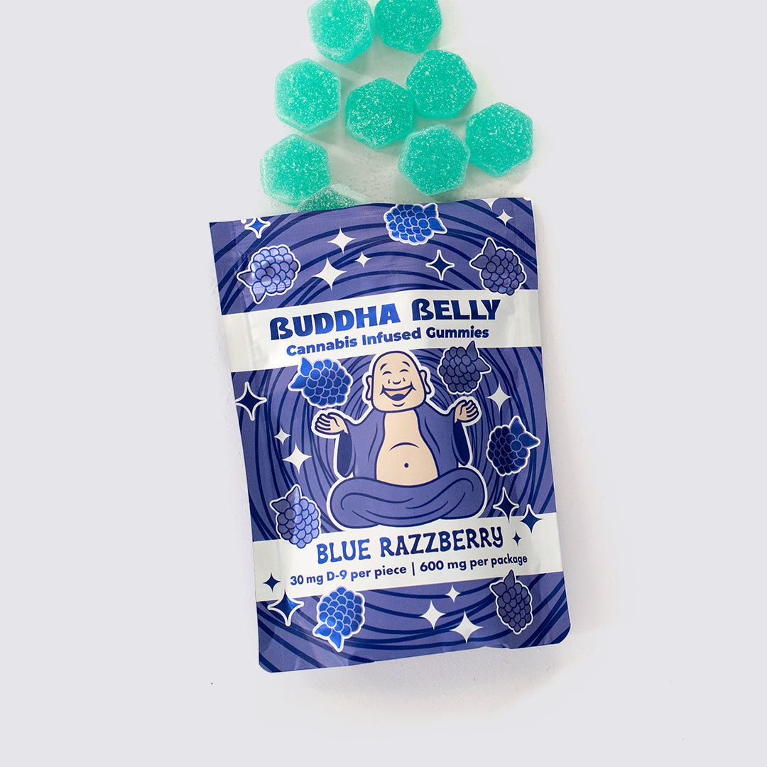 Buddha Belly Blue Razzberry gummies with packaging on a white background