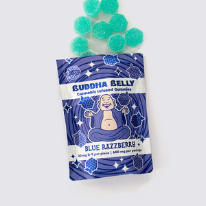 Buddha Belly Blue Razzberry gummies with packaging on a white background