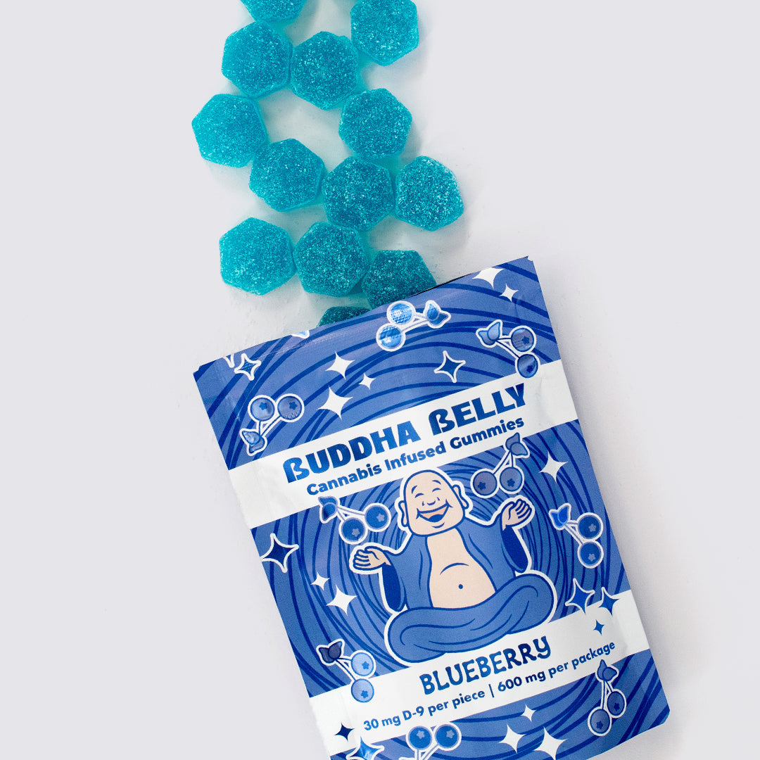 Buddha Belly cannabis infused gummies packaging with blue gummies on a white background