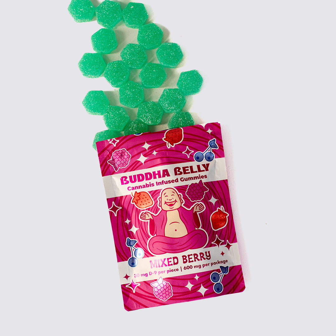 Pink packaging of Buddha Belly gummies with green gummy bears on a white background