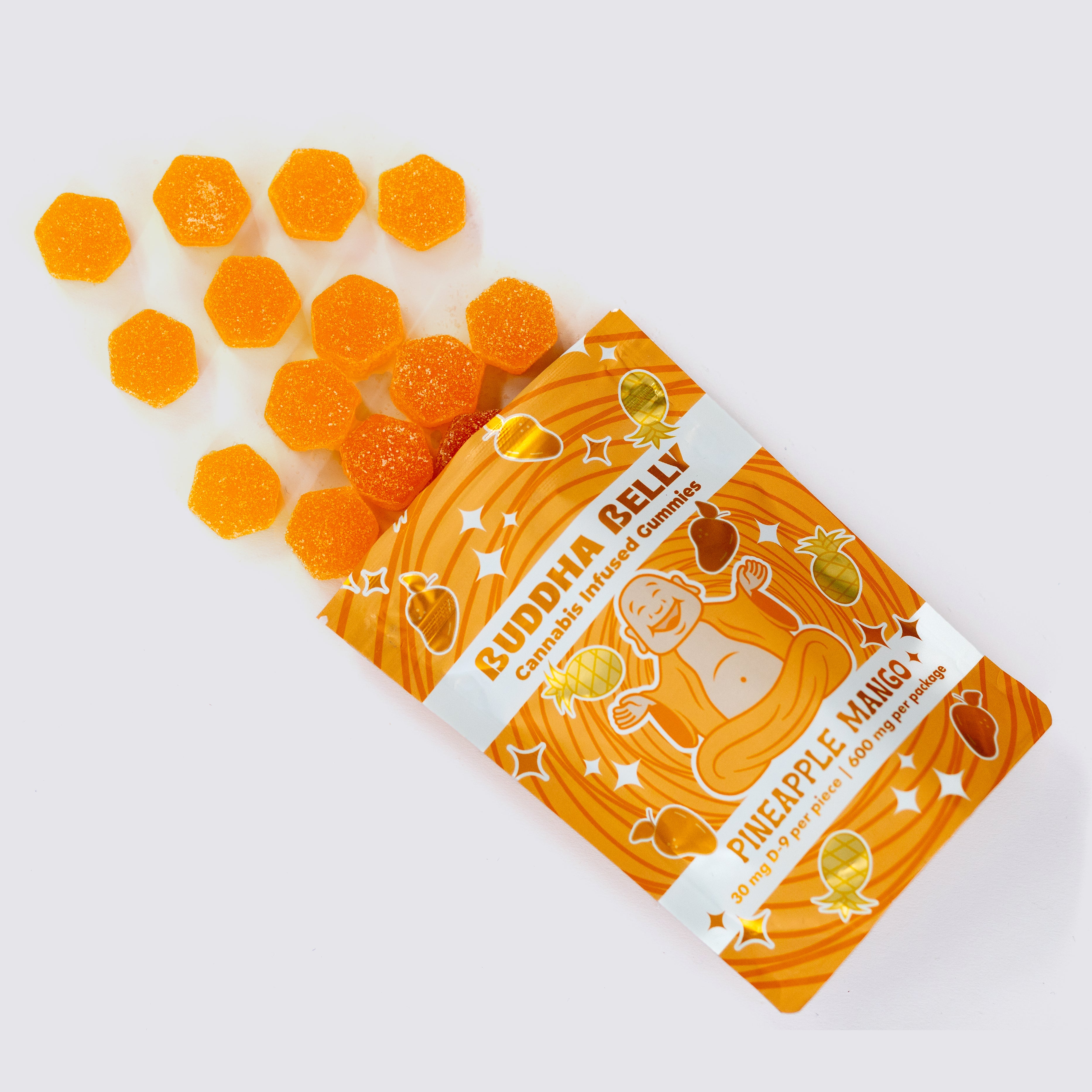 Orange packaging of Buddha Belly Pineapple mango cannabis-infused gummies on a white background