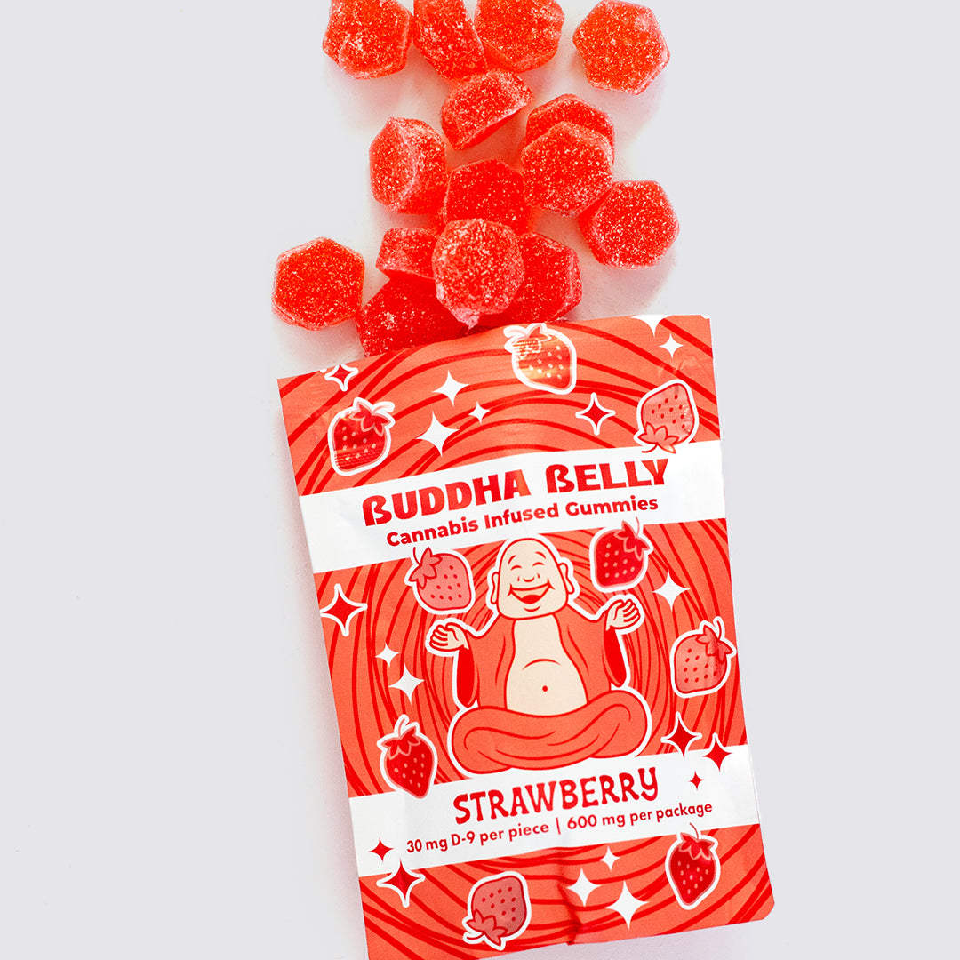 Buddha Belly cannabis-infused strawberry flavored gummies packaging 