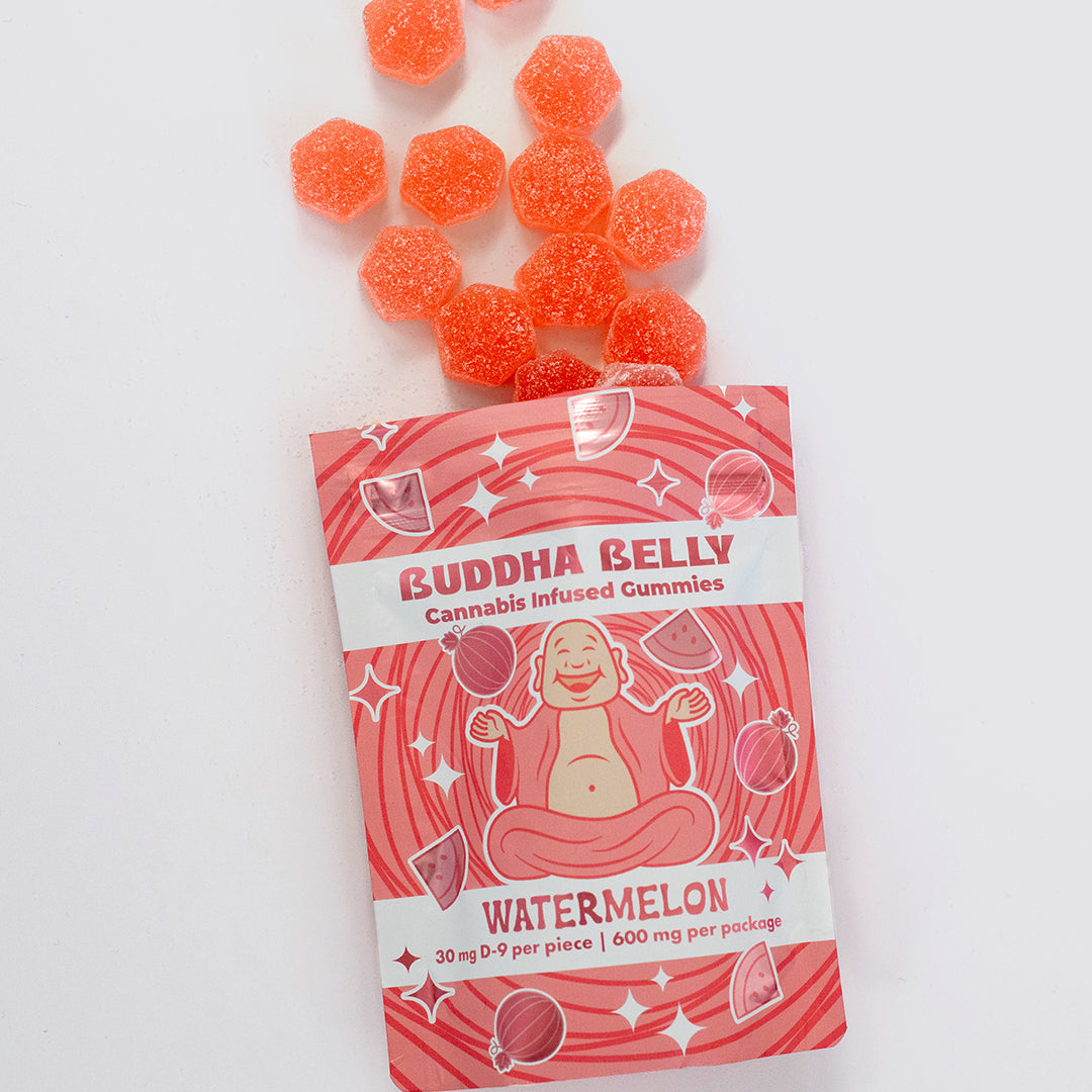 Buddha Belly watermelon gummies with packaging on a white background